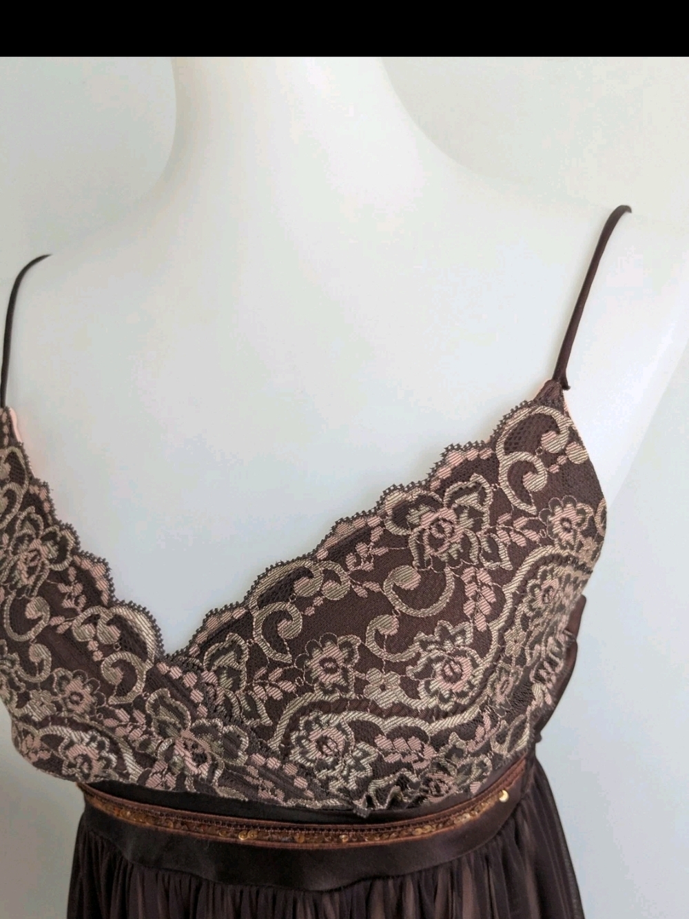 Vintage 90s y2k Slip Dress Sheer Brown Babydoll Lace Whimsigoth Fairycore Small - Picture 6 of 10